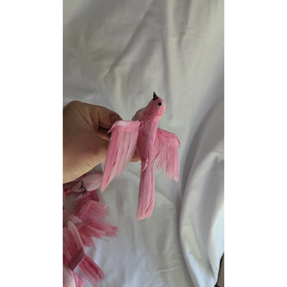 Vintage Montgomery Ward Pink Feather Bird Ornaments in Cookie Tin